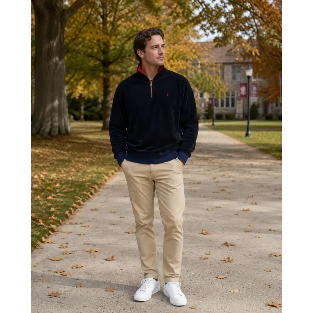 Vintage Polo Ralph Lauren Quarter Zip Fleece Navy Red Collar Pony Men L 90s